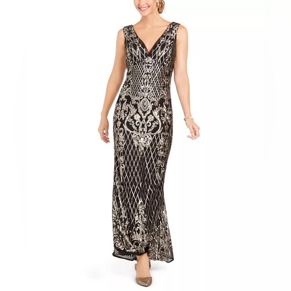 R & M Richards Sequined Gown Black & Gold